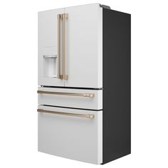 a black and white refrigerator with gold handles