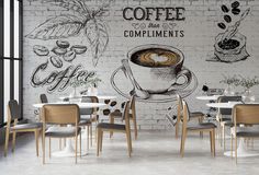 a coffee shop wall mural in an office setting with chairs and tables around the table