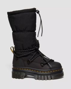 Audrick Hi Puffer Boots in Black | Dr. Martens Puffer Boots, Shoe Goals, Black Dr Martens, Patent Boots, Lace Socks, Mule Sandals, Boots For Sale, Platform Boots, Tall Boots