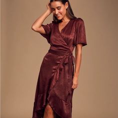 Size Small New With Tags Purchased Multiple By Accident Burgundy Short Sleeve Dress For Date Night, Burgundy Satin Dress, Easter Dresses For Toddlers, Wrap Dress Midi, Satin Wrap Dress, Strapless Prom Dress, Grunge Dress, Fall Wedding Guest Dress, Guest Attire