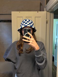 Blue and white checkered bucket hat!  Made of acrylic yarn so will stretch to accommodate larger head sizes. Blue Bucket Hat One Size Fits Most, Bucket Hat Checkered, Checkered Bucket Hat, Blue And White Crochet, Crochet Bucket Hats, Crochet Checkered, Crochet Bucket, Crochet Bucket Hat, Bucket Hats