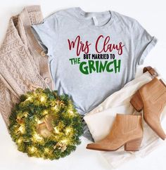 Mrs. Claus Married To The Grinch-[option4]-[option5]-[option6]-[option7]-[option8]-Womens-Clothing-Shop Married To The Grinch, Grinch T Shirt, Grinch Shirt, Grinch Shirts, Red Sand, Spirit Shirts, Family Christmas Shirts, Mrs Claus, Bella Canvas Tees