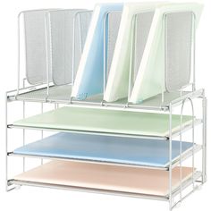 three metal shelves holding files and folders