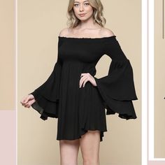 Off-The-Shoulder Dress Featuring Topped With A Straight Neckline, And Long Bell Sleeves. 100% Rayon. Off Shoulder Bell Sleeve Dress, Off-shoulder Dress With Smocked Back For Date Night, Black Long Sleeve Off Shoulder Summer Dress, Casual Off Shoulder Dress For Spring Night Out, Casual Off Shoulder Dress For Night Out In Spring, Off-shoulder Mini Dress With Smocked Bodice For Brunch, Casual Black Off Shoulder Dress, Black Mini Length Off Shoulder Dress With Ruffles, Fitted Off-shoulder Smocked Dress For Brunch