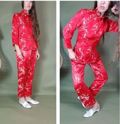 "Vintage red woven Chinese pajama set - top and matching pants - so cute as pajamas or out in the world elastic waist pant that tapers a bit towards the ankle top zips and has frog closures  Golden Dragon made in China tag size L estimated fit s approximate measurements armpit 18.5\" waist 16\" hem 19\" top length 23\" shoulder  15\" sleeve outer 19.5\" pant waist 9-14\" hip 24.5\" rise 12\" inseam 26\" pant length 36\" shown on 5'8\" size s 33c/d-25.5-35 condition Good vintage condition - minor Red Spring Holiday Sets, Red Matching Set For Loungewear, Red Pajama Party Sets, Chinese Pajamas, Pajamas Matching, Vintage Pajamas, Womens Pajama, Golden Dragon, Matching Pajamas