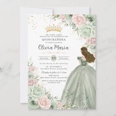 an elegant princess birthday party with roses and greenery on the front, featuring a white card