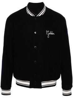 navy blue virgin wool blend brushed effect striped border ribbed band collar embroidered logo at the chest long sleeves two front jetted pockets ribbed cuffs and hem logo plaque to the rear internal slip pocket full lining front press-stud fastening Luxury Varsity Jacket With Ribbed Cuffs For College, Luxury Black Outerwear For College, Luxury Varsity Jacket With Embroidered Logo For Streetwear, Classic Wool Varsity Jacket With Baseball Collar, Wool Outerwear With Embroidered Logo And Long Sleeves, Wool Outerwear With Embroidered Logo, Luxury Long Sleeve Varsity Jacket For College, Luxury Embroidered Logo Varsity Jacket For Winter, Luxury Varsity Jacket With Embroidered Logo For Fall