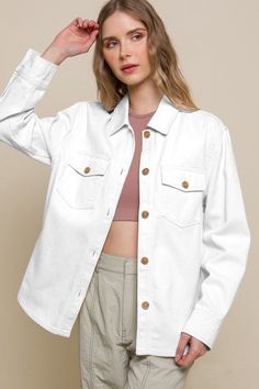 Casual White Shacket With Buttons, Casual White Shacket With Button Closure, White Cotton Button-up Shacket, White Collared Shacket With Snap Buttons, Casual White Utility Jacket With Button Closure, Everyday Denim Jacket With Button Cuffs, Fall Cotton Denim Jacket With Button Cuffs, Trendy Cotton Shacket With Buttons, Trendy Cotton Shacket With Button Closure