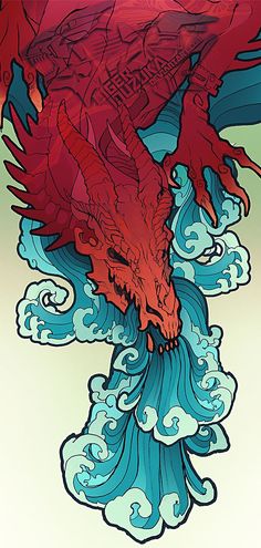 a drawing of a red dragon flying over waves