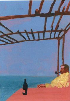 a painting of a man sitting on a bench with a bottle of wine in front of him