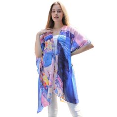 Blue and pink print kimono with the country of Greece printed throughout the garment. Great accent piece for any outfit. 34'' long from high point of shoulder to hem Fits sizes 2-16 100% cotton Hand wash cold water; dry flat Imported Greece Print, Sheer Kimono, Diva Boutique, Cotton Kimono, Print Kimonos, Elbow Length Sleeve, High Point, Blue And Pink, Blue Print