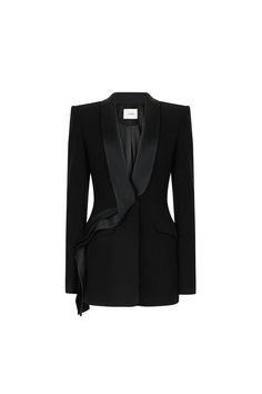 Luxury Single Breasted Evening Blazer, Luxury Evening Blazer With Lapel Collar, Designer Single Button Formal Blazer, Designer Formal Blazer With Hidden Button Closure, Luxury Single Breasted Evening Suits, Luxury Single-breasted Evening Suit, Designer Evening Suit With Lapel Collar, Elegant Structured Blazer With Lapel Collar, Designer Structured Evening Outerwear