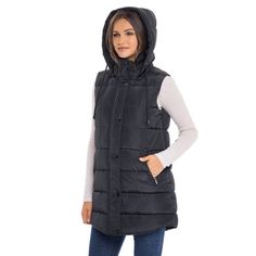 This S.E.B. by SEBBY outerwear vest for women offers a feminine and flattering fit at a great price point. Bringing designer details and all-around comfort, this womens puffer jacket vest will not disappoint. It features a detachable hood for added warmth and protection from light showers. The snaps and zipper are a stunning gunmetal finish for a very refined look. This vest can be worn as a fall coat and right into the winter as true outerwear. The loose quilted faux down insulation imparts a s Long Puffer Vest, Puffer Jacket Vest, Womens Puffer Jacket, Puffer Vest With Hood, Vest For Women, Long Puffer, Puffer Jacket Women, Jacket Vest, Outerwear Vest