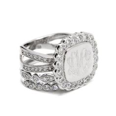 "Monogrammed Stacked Ring   This Sterling Silver Stackable Ring is a must have! It looks so pretty on and goes with everything....  It  features sparkling CZ stones around the engravable ring face as well as halfway around the split band. Includes two additional decorative stackable bands with CZ stones halfway around them. The squared ring face measures approximately 0.06\"  Available in Silver or Gold  Sizes available are 6-9 Sterling Silver 1.Please comment with with initial or Monogram Initi Sterling Silver Stackable Rings, Stackable Rings Silver, Monogram Ring, Monogram Jewelry, Personalized Rings, Cz Ring, Stackable Ring, Split Ring, Engraved Rings