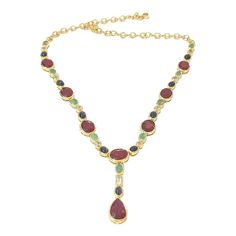 This is part of Chairish’s Fine Jewelry assortment.  Bochic “Capri” Ruby, Sapphire, Emerald Necklace Set in 18K Gold & Silver   The Bochic "Capri" Opal & Multi Fancy Gems Necklace is Set in 18K Gold & Silver is a stunning piece of jewelry designed for versatility and elegance. It features natural gems cabochons weighing 36 carats, showcasing pink, blue, and cream tones. The Necklace also includes natural multi-color fancy sapphires, totaling 9 carats, sourced from Sri Lanka. The sapphires come in round brilliant and fancy brilliant shapes. Crafted in 18K gold and 950 silver, this necklace  is a combination of luxury and craftsmanship. The piece is designed to disassemble and can be worn as pendants or brooches, thanks to its open and close clasp and safety hook. It is ideal for transitioni Luxury Red Cabochon Necklaces, Luxury Red Cabochon Necklace, Elegant Multicolor Cabochon Necklaces, Ruby Necklace Indian Gold, Ruby Necklace Indian, Necklace Indian Gold, Emerald Necklace Set, Gems Necklace, Fancy Sapphire