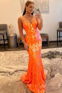 sparkly orange sequin sweetheart lace up back long prom dress Prom Dress Tight, Orange Mermaid, Lace Up Back Dress, Mermaid Sweetheart, Sparkly Prom Dresses, Dress Display, Prom Dresses With Pockets, Dress Tight, Sweetheart Prom Dress