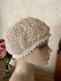 Cute 30's antique crochet cap, Beret, Cloche or Victorian bedtime cap. It is lined with silk fabric and has crochet lace around the band.  Elastic is worn out, but still functions as a beret or cloche. Vintage Crochet Cap Hat, Vintage Beige Hat, Adjustable Vintage Crochet Hat, Vintage Adjustable Beige Crochet Hat, Adjustable Vintage Beige Crochet Hat, Cream Bonnet Cap One Size, Vintage Crochet Cap Hat One Size, Cream Colored One Size Bonnet Cap, Vintage Crochet Cap One Size