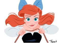 a drawing of a red headed girl with blue ears and wings holding a stick in her hand