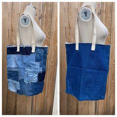 two pictures of a bag made out of old jeans