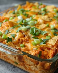 a casserole dish filled with chicken, cheese and green onion garnish