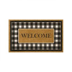 a black and white door mat with the word gather on it's front side