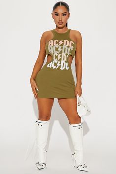 Available In Sage. Crew Neck Sleeveless ACDC Graphic Front Screen Stretch Disclaimer: Due To The Printing Process A Difference In Saturation May Occur. Each Garment Is Unique. 60% Cotton 40% Polyester Imported | ACDC On Repeat Cut Out Mini Dress in Sage size Large by Fashion Nova Cut Out Mini Dress, Service Women, Jeans Jumpsuit, On Repeat, Matching Dresses, Clothes For Sale, Printing Process, Dresses For Sale, Fashion Nova