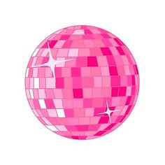 a pink disco ball with white stars on the top and bottom half, in front of a white background