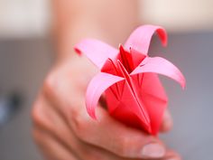 a person holding a red origami flower in their hand with the petals folded back