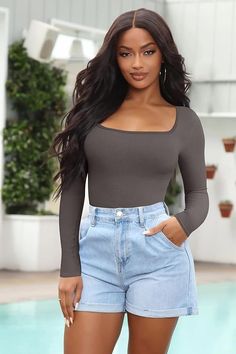 Women's 2 Piece Bodysuits Sexy Ribbed One Piece Square Neck Long Sleeve Bodysuits. True to size with stretch, soft ribbed material, not thin at all! Square Neck Long Sleeve, Women's Fashion Set, Flattering Tops, Women's Shapewear