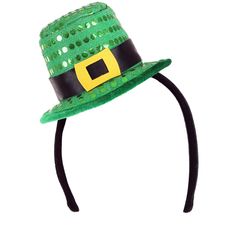 Ensure your costume shines like the gold you're keeping at the end of a rainbow when you cap it off with this Sequin Mini Leprechaun Hat Headband! The pint-sized top hat is fiber-filled, giving it a cartoony-cute look. Meanwhile, a decorative black band, felt buckle, and a shimmering sequin top layer. Attached to a flexible plastic headband, the little hat sits easily on its wearer's head. Green Novelty Party Hat, Adjustable Novelty Hats For Carnival, Adjustable Novelty Hat For Carnival, Novelty Adjustable Hat For Carnival, Adjustable Christmas Costume Party Accessories, Adjustable Christmas Costume Hats, Green Halloween Hats For Costume Party, Adjustable Mini Hats For Carnival Costume, Adjustable Headband For Mardi Gras Costume Party