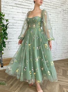 Gaun Tulle, Elegant Homecoming Dresses, Tea Length Prom Dress, Wedding Evening Gown, Embroidered Tulle Dress, Green Evening Dress, Sweetheart Neckline Dress, 파티 ��드레스, Ankle Length Dress