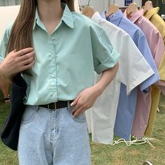 Basic Button Up Shirt (5 Colors) Fits For Winter, Funky Shirts, Blue Shorts Men, 1980s Women, Black Button Up Shirt, Short Sleeve Shirt Women, Teenage Fashion, Crop Top Outfits, Fit Ideas