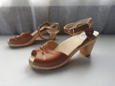 "Measurement:  Heel 9 cm / 3.5\" Shoes inside size 26.5 cm / 10.4 \" We send our products from Latvia via post 1-3 days after payment (does not apply to individual orders). It takes about 4-10 business days for the package to be delivered to its destination (depends on country)." Brown Open Toe Clogs With 4-inch Heel, Brown Ankle Strap Heels With Rubber Sole, Brown Open Toe Heels With Rubber Sole, Vintage Clogs, Swedish Women, Brown Clogs, Womens Slides Sandals, Clogs And Mules, Cinderella Shoes