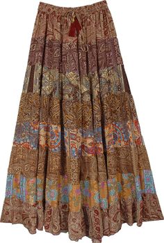 A beautiful multi-panel long skirt with a good fall and floral brown prints. The skirt has an elastic waist with a tassel drawstring. #tlb #Patchwork #MaxiSkirt #Printed #TieredSkirt #Summerskirt The Little Bazaar, Black Satin Midi Skirt, Brown Prints, Crazy Fashion, Dressing Ideas, Brown Floral Print, Teacher Clothes, Boho Clothes, Hippie Skirts