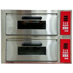 two stainless steel ovens side by side with red knobs on the front and bottom