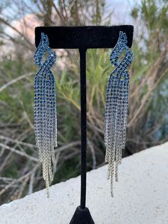 Blue fringe earrings Silver Tassel Earrings For Evening, Elegant Blue Fringe Jewelry, Blue Fringe Dangle Chandelier Earrings, Silver Tassel Earrings With Rhinestone Fringe, Blue Fringe Tassel Drop Earrings, Elegant Blue Tassel Earrings, Blue Long Drop Tassel Jewelry, Blue Dangle Tassel Earrings With Fringe, Blue Dangle Earrings For Evening