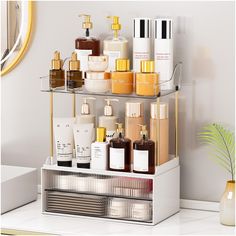 a bathroom shelf filled with different types of skin care products