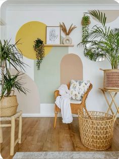 a living room filled with lots of potted plants next to a wall mounted planter