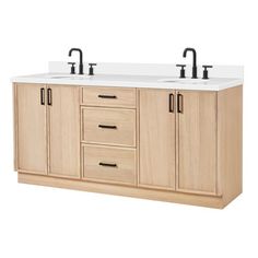 double sink vanity with two black faucets on the top and white countertop