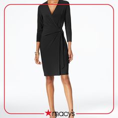 in stock Elegant Solid Color Wrap Dress For Work, Black Wrap Dress For Night Out, Fitted Faux Wrap Dress For Night Out, Black Wrap Dress For Date Night, Fitted Black Wrap Dress With Tie Waist, Black Faux Wrap Party Dress, Formal Black Wrap Dress With Tie Waist, Elegant Fitted Black Wrap Dress, Black Faux Wrap Dress For Party