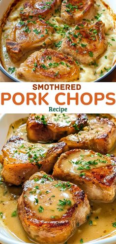 pork chops with gravy in a pan