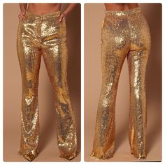 Novaluxe Piper Gold Sequin Wide Leg Pants. Sz Large. Approx 32” Waist, 12” Rise, 34” Length. Nwt. High Waisted. Wide Leg. Metallic Fringe. Lined. 95% Polyester, 5% Spandex. Perfect Gold Sequin Pant For Any Occasion. Gold Pants Outfit, Gold Sequin Pants, Sequin Pant, Gold Pants, Bling Fashion, Fashion Nova Pants, Pants Large, Gold Sequin, Pants Outfit