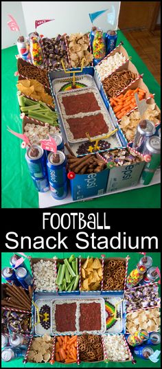 a football snack stadium with snacks and drinks on the table, along with an image of food