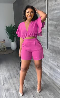 Two Piece Shorts Set, Two Piece Short Set, Ruffle Crop Top, Crop Top And Shorts, Ruffle Shorts, Neck Crop Top, Casual Sets, Two Piece Outfit, V Neck Tops