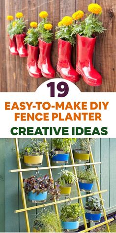 an easy diy fence planter with flowers and rain boots hanging on the side