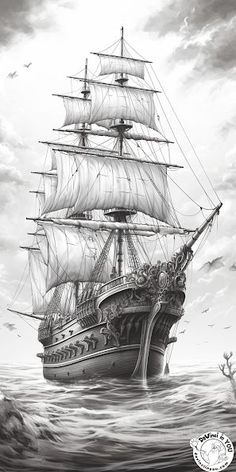 a black and white photo of a pirate ship in the ocean with seagulls flying around