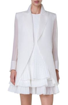 Tailored from filmy silk gauze with the sleeves left sheer, this structured blazer adds exceptional polish to your warm-weather look. Open front Peaked lapels Side flap pockets 100% silk Dry clean Imported Designer Clothing Summer Silk Formal Outerwear, White Silk Blazer For Workwear, White Silk Blazer For Work, Elegant Summer Wedding Outerwear, Elegant Party Outerwear With Sheer Sleeves, Elegant Summer Blazer For Formal Occasions, Elegant Summer Formal Blazer, Elegant Long Sleeve Sheer Outerwear, Chic Silk Outerwear For Wedding