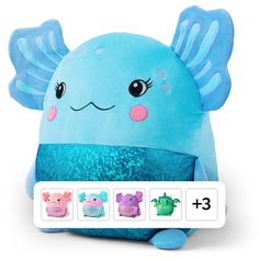 a blue stuffed animal sitting on top of a white table next to an app icon