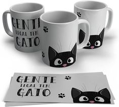 three coffee mugs with black cats on them