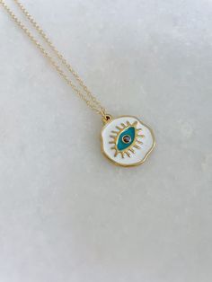 Fun and Colorful Evil Eye Necklace on 14k gold filled chain. Gift box included Evil Eye Necklace, Evil Eye Jewelry, Evil Eye Gift, Layering Necklace Gold Plated Nickel-free Charm Necklace For Gift, White 14k Gold Jewelry With Adjustable Chain, White Gold Plated Jewelry With Round Pendant, White Delicate Chain Charm Necklace As A Gift, White Charm Necklace With Delicate Chain For Gift, Round Enamel Necklace With Adjustable Chain, White Spiritual Necklace With Adjustable Chain, 14k Gold Filled Medallion Necklace As Gift, Everyday White Charm Necklace In 14k Gold Filled